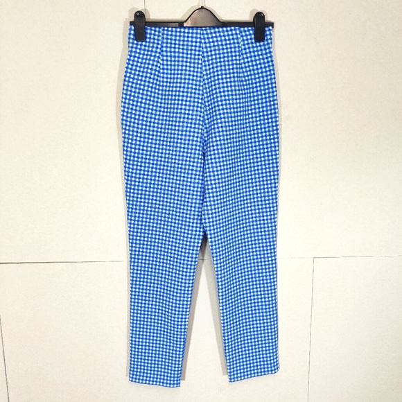 Zara Blue & White High Waisted Cropped Gingham Check Trousers Size Medium UK 10 - Picture 2 of 8
